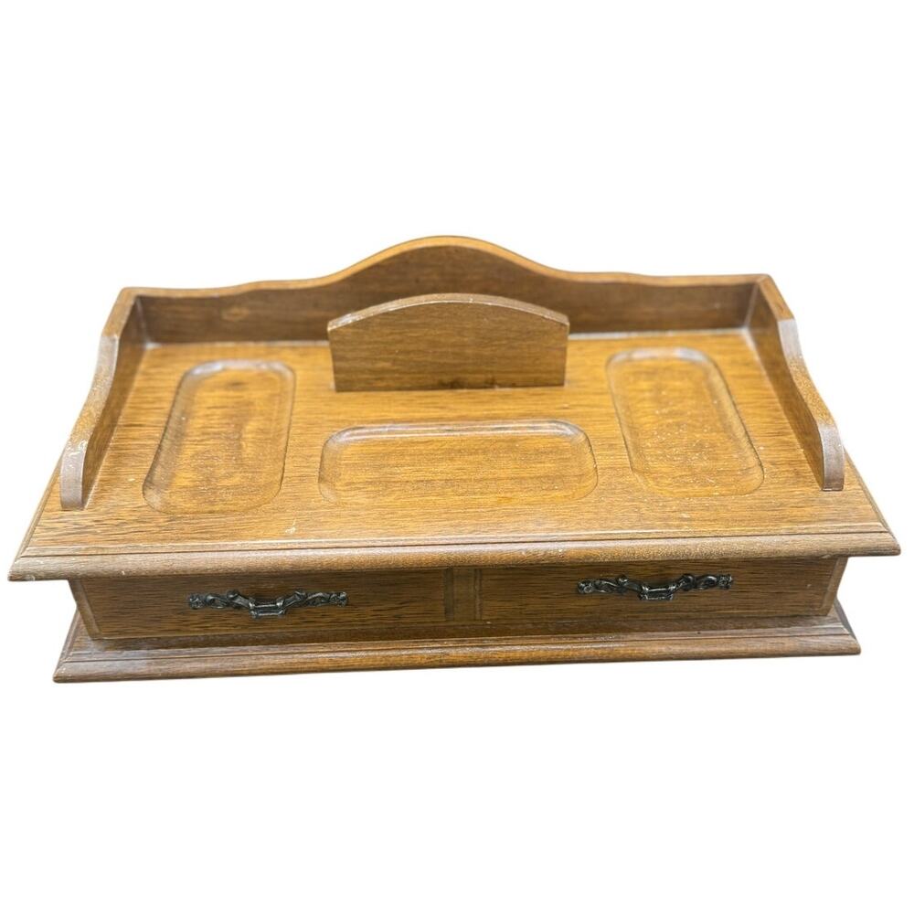 Vintage Jay Imports Wooden Desk Organizer w/ Drawer - Mid Century Office Decor